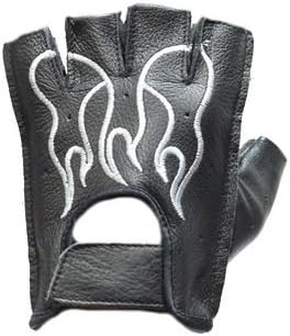 Men's Fingerless Leather Gloves with White Flames