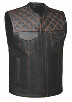 Men's Leather Vest Black Diamond Stitch 6671.16 (Black & Orange)