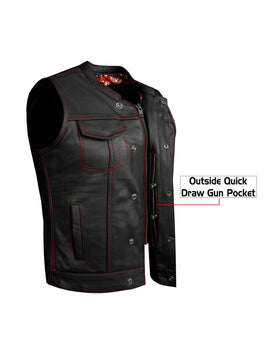 Ladies Black Leather vest with Red Stitching - red, white paisley liner