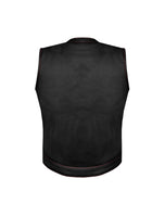 Ladies Black Leather vest with Red Stitching - red, white paisley liner