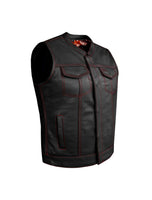 Ladies Black Leather vest with Red Stitching - red, white paisley liner