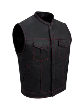 Men's Black Leather Vest with Red Stitching