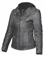 Ladies Grey Leather Motorcycle Jacket 6841.GY