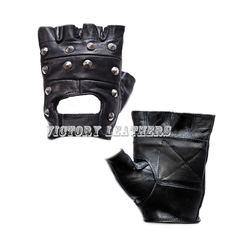 STUDDED LEATHER FINGERLESS GLOVES - Black